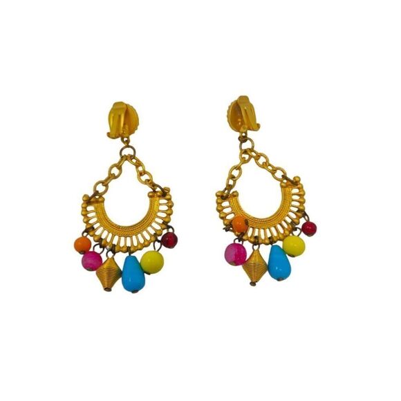 Vintage Gold Tone Tropical Beaded Clip-On Earrings | 3.50" - Picture 6 of 7